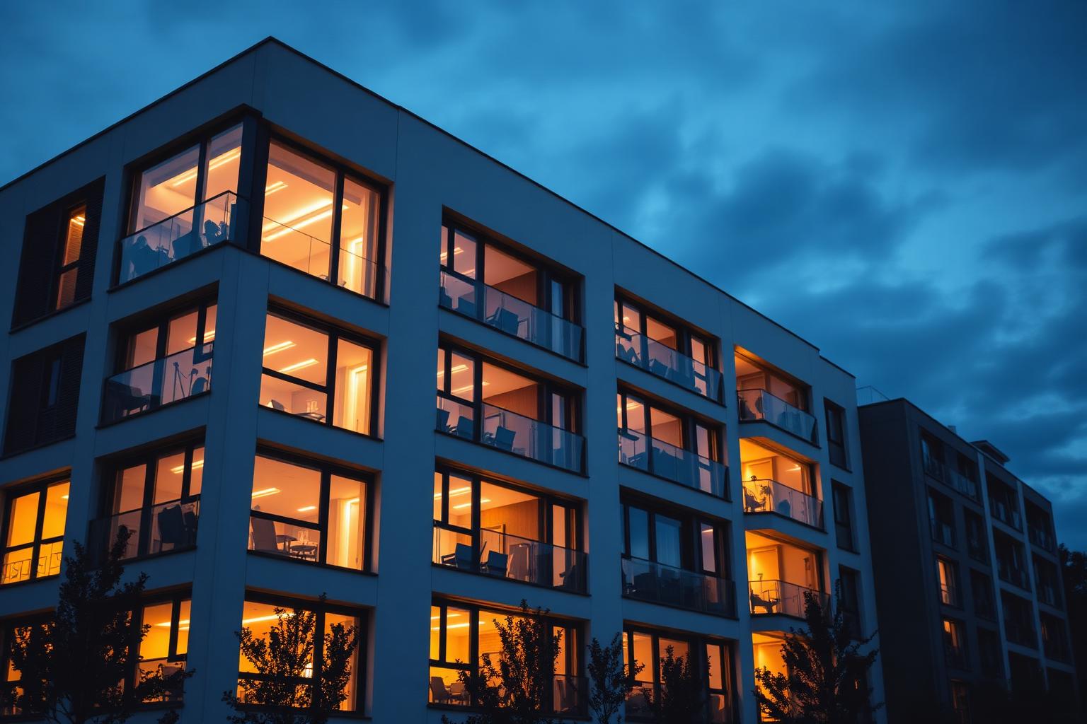 Moderne Mehrfamilienhäuser bei Dämmerung